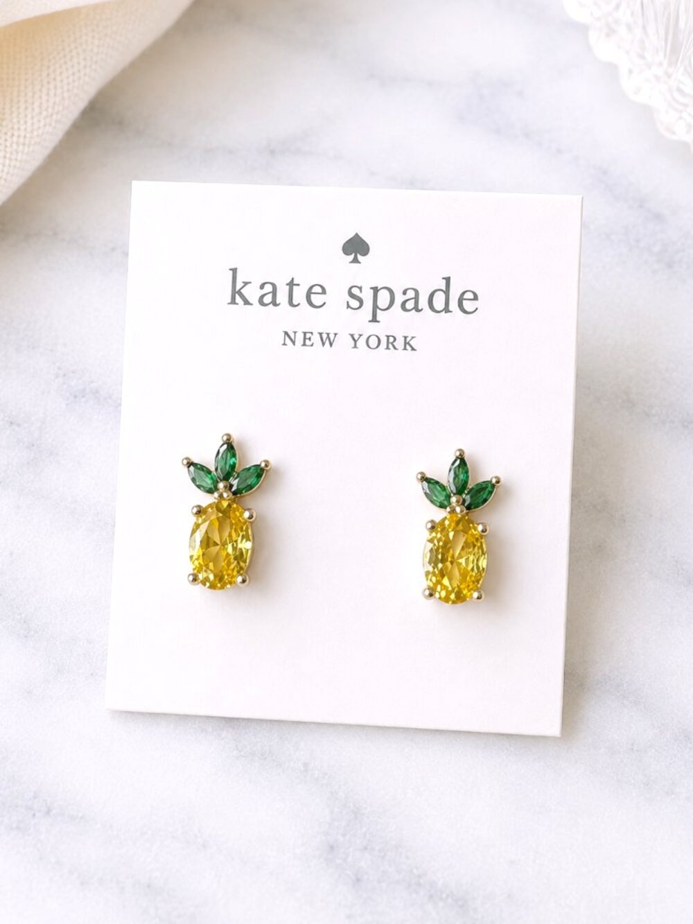 Kate Spade Pineapple Stud Earrings Yellow Green Crystal Tropical Fruit Earrings